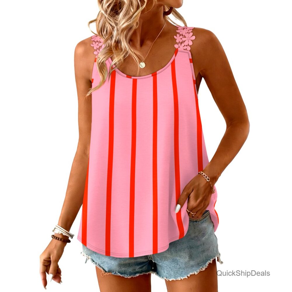 Women's Lace Strap Tank Top Loose Fit Crew Neck Sleeveless Summer Top